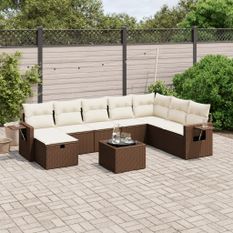 Salon de jardin avec coussins 9 pcs marron résine tressée