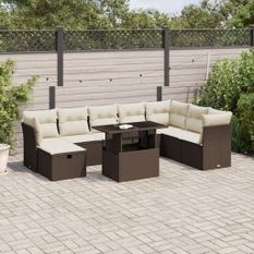 Salon de jardin avec coussins 9 pcs marron résine tressée