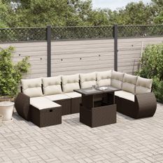 Salon de jardin avec coussins 9 pcs marron résine tressée