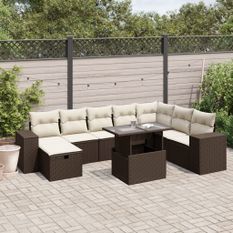 Salon de jardin avec coussins 9 pcs marron résine tressée