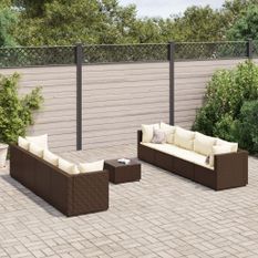 Salon de jardin avec coussins 9 pcs marron résine tressée