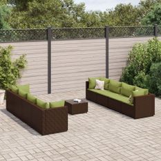 Salon de jardin avec coussins 9 pcs marron résine tressée