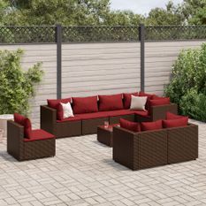 Salon de jardin avec coussins 9 pcs marron résine tressée