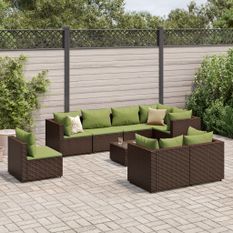 Salon de jardin avec coussins 9 pcs marron résine tressée