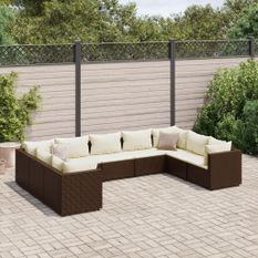 Salon de jardin avec coussins 9 pcs marron résine tressée