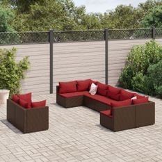 Salon de jardin avec coussins 9 pcs marron résine tressée