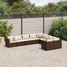 Salon de jardin avec coussins 9 pcs marron résine tressée