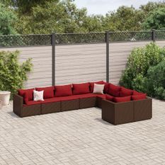 Salon de jardin avec coussins 9 pcs marron résine tressée