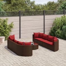 Salon de jardin avec coussins 9 pcs marron résine tressée