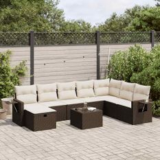 Salon de jardin avec coussins 9 pcs marron résine tressée