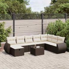 Salon de jardin avec coussins 9 pcs marron résine tressée