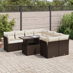 Salon de jardin avec coussins 9 pcs marron résine tressée