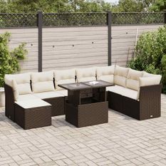 Salon de jardin avec coussins 9 pcs marron résine tressée