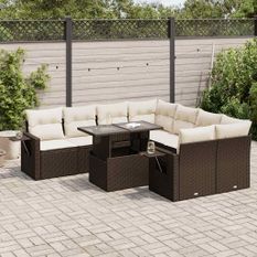 Salon de jardin avec coussins 9 pcs marron résine tressée