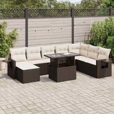 Salon de jardin avec coussins 9 pcs marron résine tressée