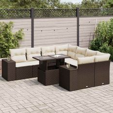 Salon de jardin avec coussins 9 pcs marron résine tressée