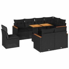 Salon de jardin avec coussins 9 pcs noir résine tressée acacia