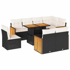 Salon de jardin avec coussins 9 pcs noir résine tressée acacia