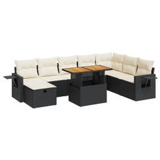 Salon de jardin avec coussins 9 pcs noir résine tressée acacia