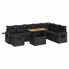 Salon de jardin avec coussins 9 pcs noir résine tressée acacia