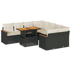 Salon de jardin avec coussins 9 pcs noir résine tressée acacia
