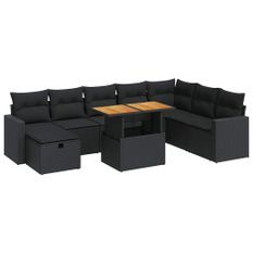 Salon de jardin avec coussins 9 pcs noir résine tressée acacia