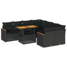 Salon de jardin avec coussins 9 pcs noir résine tressée acacia