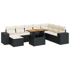 Salon de jardin avec coussins 9 pcs noir résine tressée acacia