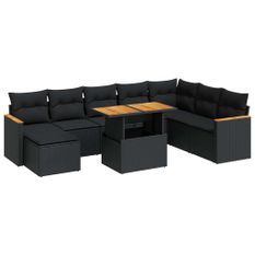 Salon de jardin avec coussins 9 pcs noir résine tressée acacia