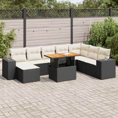 Salon de jardin avec coussins 9 pcs noir résine tressée acacia