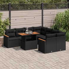 Salon de jardin avec coussins 9 pcs noir résine tressée acacia