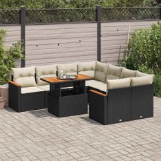 Salon de jardin avec coussins 9 pcs noir résine tressée acacia