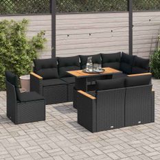 Salon de jardin avec coussins 9 pcs noir résine tressée acacia