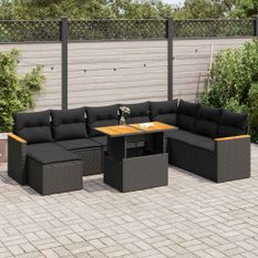 Salon de jardin avec coussins 9 pcs noir résine tressée acacia