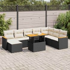 Salon de jardin avec coussins 9 pcs noir résine tressée acacia