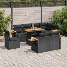 Salon de jardin avec coussins 9 pcs noir résine tressée acacia