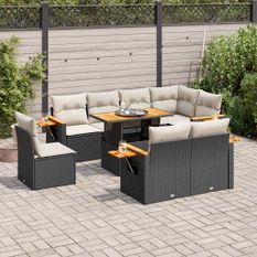 Salon de jardin avec coussins 9 pcs noir résine tressée acacia