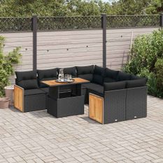 Salon de jardin avec coussins 9 pcs noir résine tressée acacia