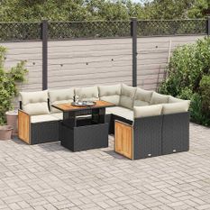 Salon de jardin avec coussins 9 pcs noir résine tressée acacia