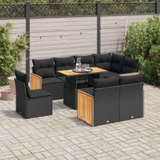 Salon de jardin avec coussins 9 pcs noir résine tressée acacia