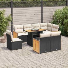 Salon de jardin avec coussins 9 pcs noir résine tressée acacia