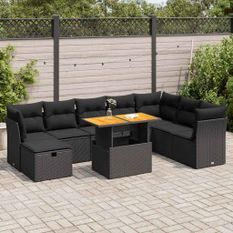 Salon de jardin avec coussins 9 pcs noir résine tressée acacia