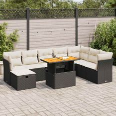 Salon de jardin avec coussins 9 pcs noir résine tressée acacia