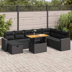 Salon de jardin avec coussins 9 pcs noir résine tressée acacia