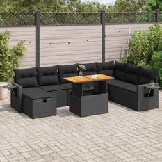 Salon de jardin avec coussins 9 pcs noir résine tressée acacia