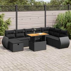 Salon de jardin avec coussins 9 pcs noir résine tressée acacia