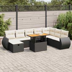 Salon de jardin avec coussins 9 pcs noir résine tressée acacia