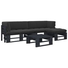 Salon de jardin palette 4 pcs et coussins Pin imprégné de noir 11