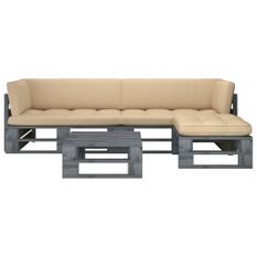 Salon de jardin palette 4pcs avec coussins Pin imprégné de gris 15