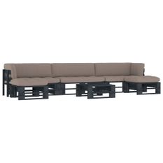 Salon de jardin palette 6 pcs et coussins Pin imprégné de noir